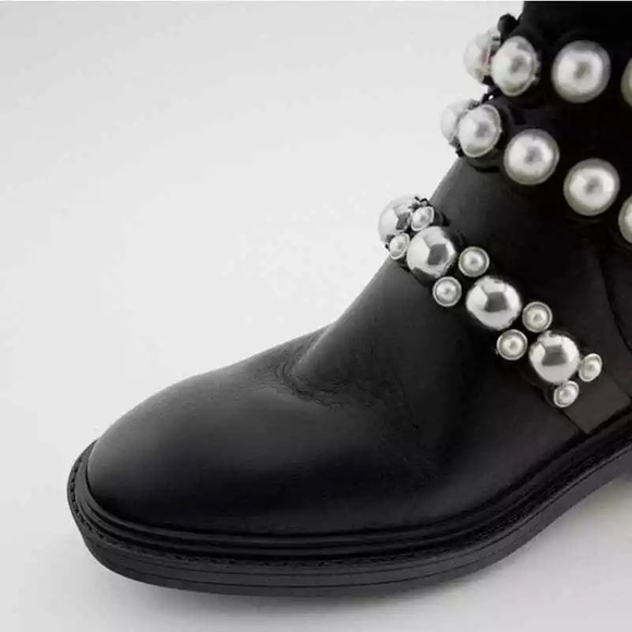 Zara Black Leather Pearl Straps Ankle Boots Block Heel Size 6!! - Picture 6 of 15